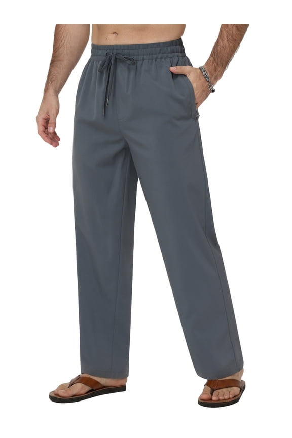 Men's Linen Pants Casual Beach Summer Pant Elastic Waist Drawstring Lightweight Trousers