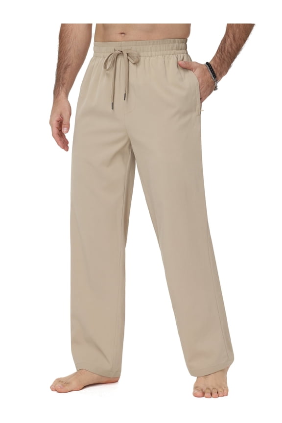 Men's Linen Pants Casual Beach Summer Pant Elastic Waist Drawstring Lightweight Trousers