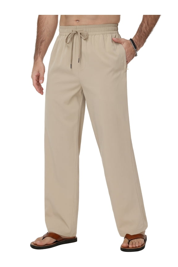 Men's Linen Pants Casual Beach Summer Pant Elastic Waist Drawstring Lightweight Trousers