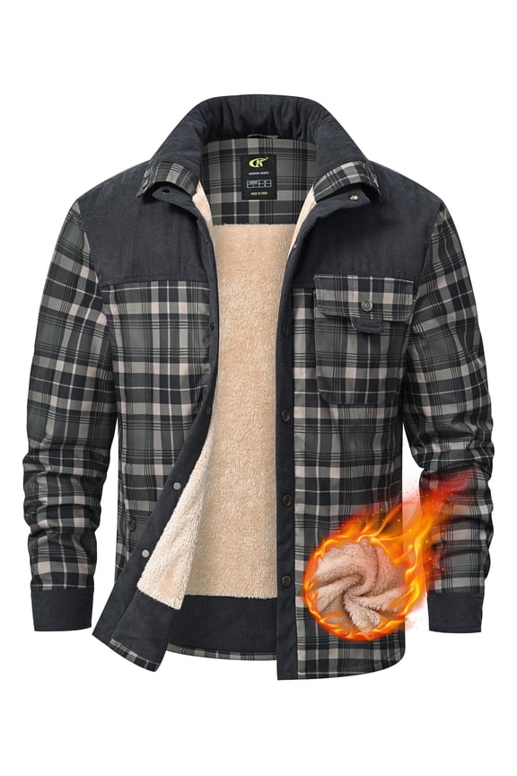 Men's Long Sleeve Sherpa Lined Shirt Jacket Flannel Plaid Fleece Coats