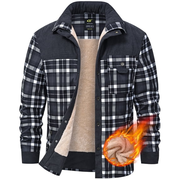 Xidunhg Men's Sherpa-Lined Plaid Flannel Shirt Jacket, Corduroy Button-Down Fleece Coat, Long-Sleeve Outdoor Casual Grey XL