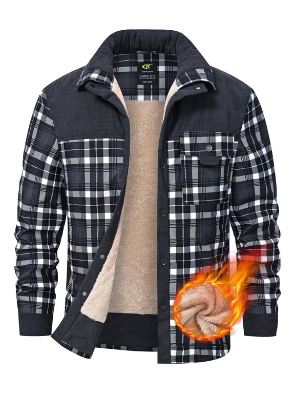 Men's Sherpa-Lined Plaid Flannel Shirt Jacket, Corduroy Button-Down Fleece Coat, Long-Sleeve Outdoor Casual Grey M