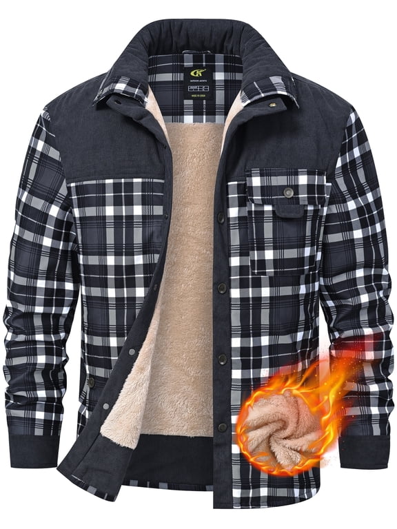 Men's Sherpa-Lined Plaid Flannel Shirt Jacket, Corduroy Button-Down Fleece Coat, Long-Sleeve Outdoor Casual Grey 2XL