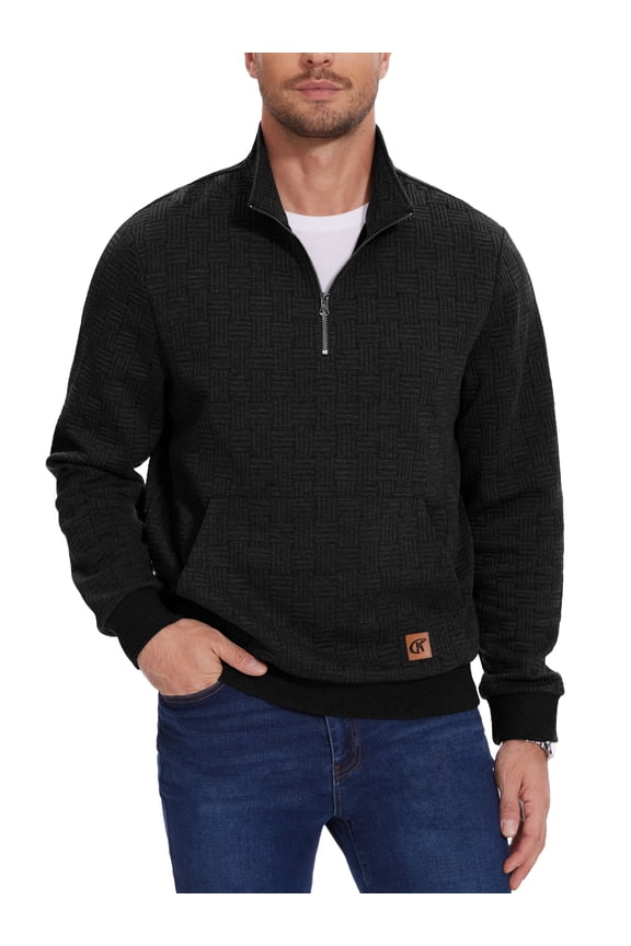 Men's Quarter Zip Sweatshirt Long Sleeve Waffle Casual Pullover Sweatshirt with Pocket Black L