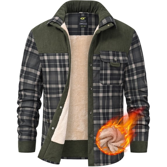 Xidunhg Men's Sherpa-Lined Plaid Flannel Shirt Jacket, Corduroy Button-Down Fleece Coat, Long-Sleeve Outdoor Casual Army Green XL