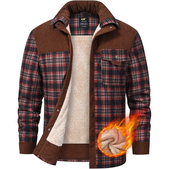 Xidunhg Men's Sherpa-Lined Plaid Flannel Shirt Jacket, Corduroy Button-Down Fleece Coat, Long-Sleeve Outdoor Casual Red Coffee S