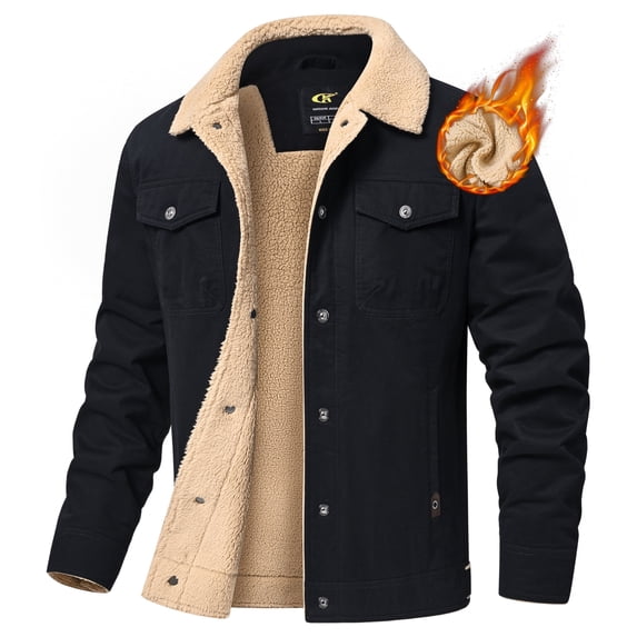 Xidunhg Men's Winter Trucker Cargo Jacket, Sherpa Fleece Lined Thick Thermal Cotton Lapel Work Coat with Multi Pockets Black L