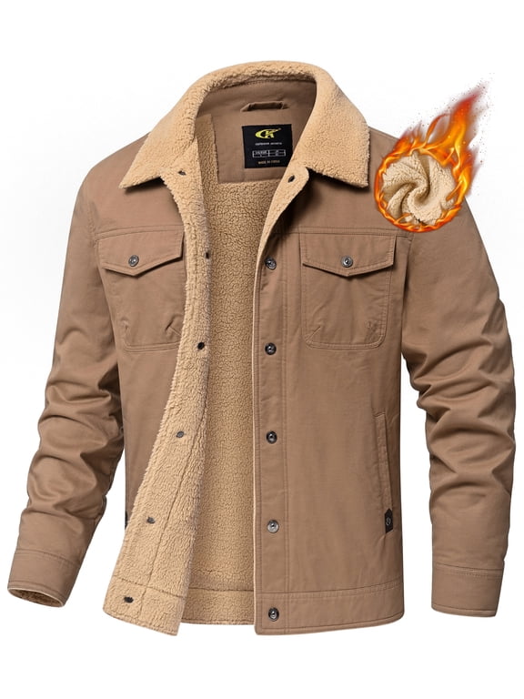Mens Winter Jacket Fleece Lined Sherpa Jacket Warm Thicken Coat Khaki 2XL