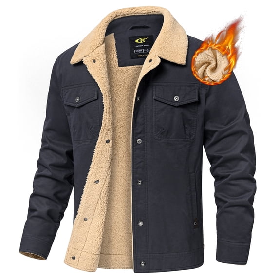 Xidunhg Men's Winter Trucker Cargo Jacket, Sherpa Fleece Lined Thick Thermal Cotton Lapel Work Coat with Multi Pockets Dark Grey M