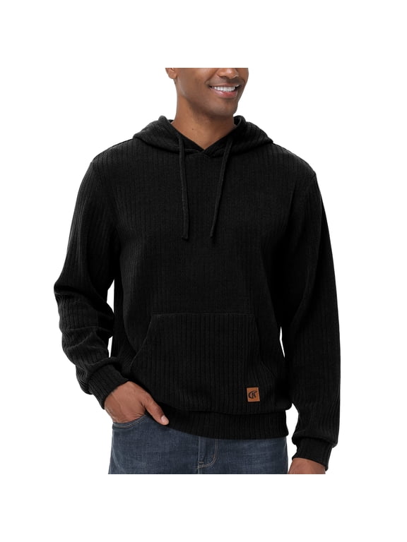 Mens Hooded Drawstring Long Sleeve Sweatshirt Fashion Pullover Casual Corduroy Hoodies with Pockets Black L