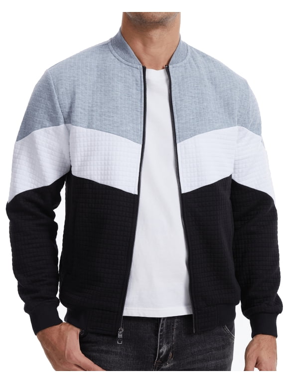 Men's Bomber Jacket, Lightweight Casual Varsity Style, Color Block, Light Gray/White/Black, S