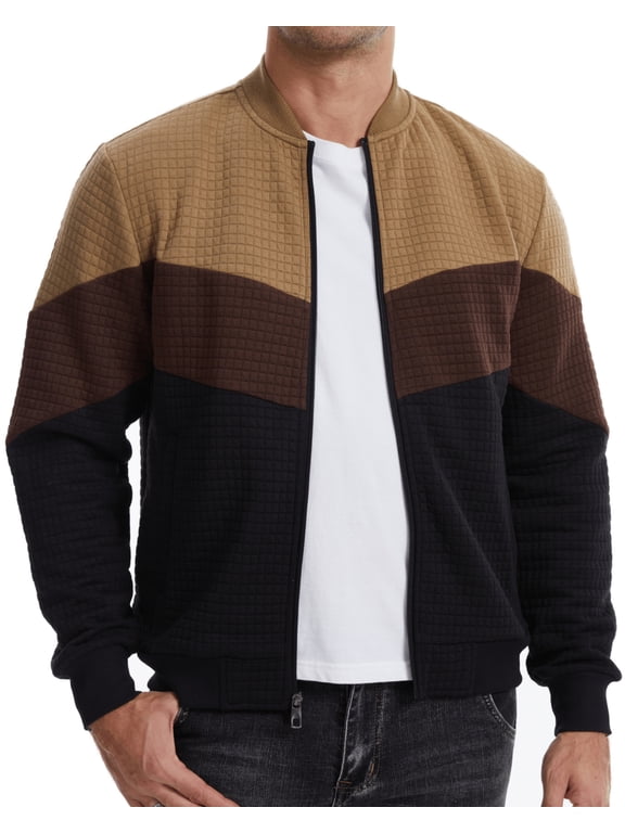 Men's Bomber Jacket, Lightweight Casual Varsity Style, Color Block, Khaki/Brown/Black, M