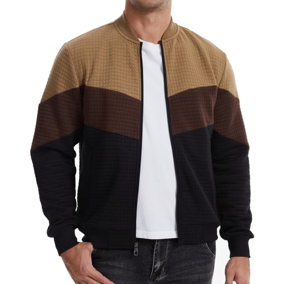 Xidunhg Men's Bomber Jacket, Lightweight Casual Varsity Style, Color Block, Khaki/Brown/Black, 2XL