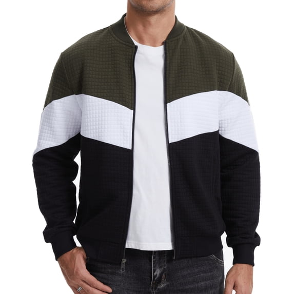 Xidunhg Men's Bomber Jacket, Lightweight Casual Varsity Style, Color Block, Army Green/White/Black, L