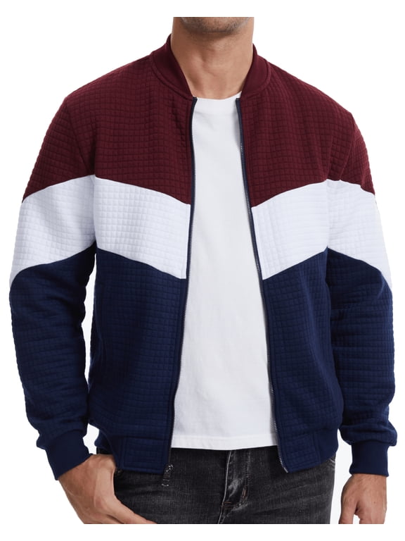 Men's Bomber Jacket, Lightweight Casual Varsity Style, Color Block, Wine Red/White/Navy Blue, L