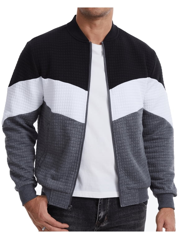 Men's Bomber Jacket, Lightweight Casual Varsity Style, Color Block, Black/White/Dark Grey, 2XL