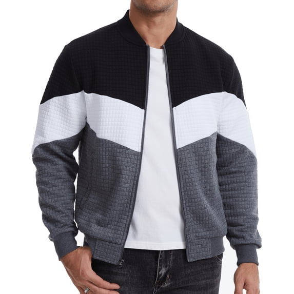 Xidunhg Men's Bomber Jacket, Lightweight Casual Varsity Style, Color Block, Black/White/Dark Grey, L