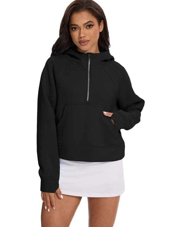 Women's Hoodies Half Zip Long Sleeve Fleece Lined Crop Pullover Sweatshirts with Pockets Thumb Hole Black 2XL