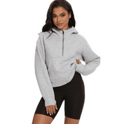 XIDUNHG Women's Hoodies Half Zip Long Sleeve Fleece Lined Crop Pullover Sweatshirts with Pockets Thumb Hole Grey L