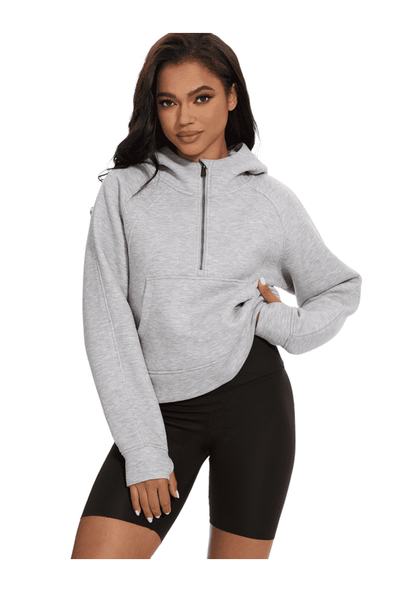 Women's Hoodies Half Zip Long Sleeve Fleece Lined Crop Pullover Sweatshirts with Pockets Thumb Hole Grey M
