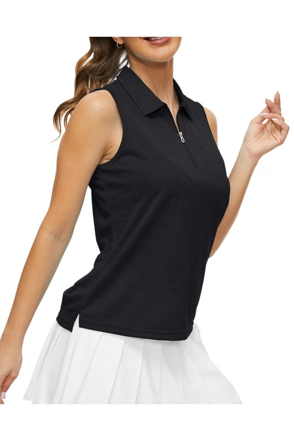 Women's Polo Shirt Quarter Zipper Golf Vest Sleeveless Quick-Drying Sports Polo Shirt Black XL