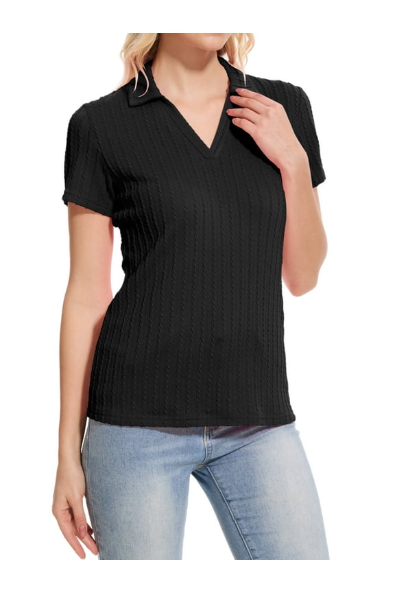 Women's Short Sleeve Solid Lapel V Neck Soft Pullover Tops Lightweight Knit Polo Shirt Black XL