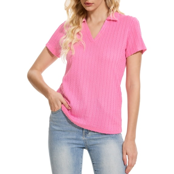 Xidunhg Women's Short Sleeve Solid Lapel V Neck Soft Pullover Tops Lightweight Knit Polo Shirt Bright Pink M