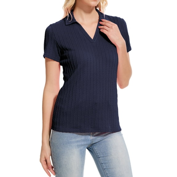 Xidunhg Women's Short Sleeve Solid Lapel V Neck Soft Pullover Tops Lightweight Knit Polo Shirt Navy Blue S