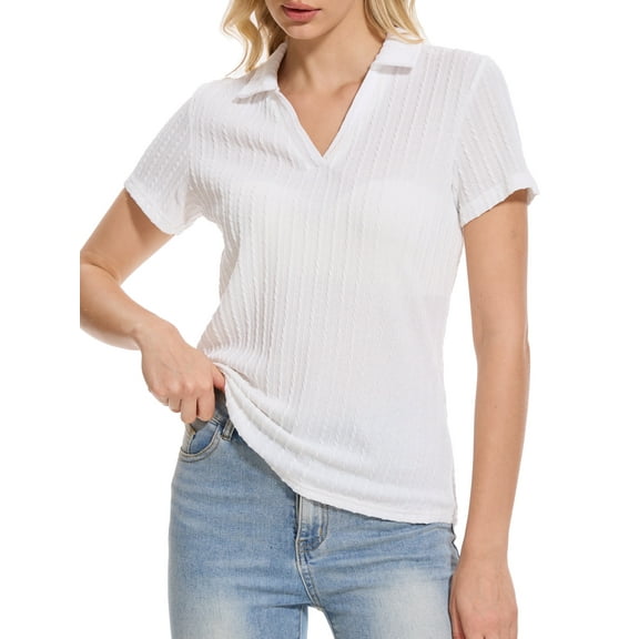 Xidunhg Women's Short Sleeve Solid Lapel V Neck Soft Pullover Tops Lightweight Knit Polo Shirt White M