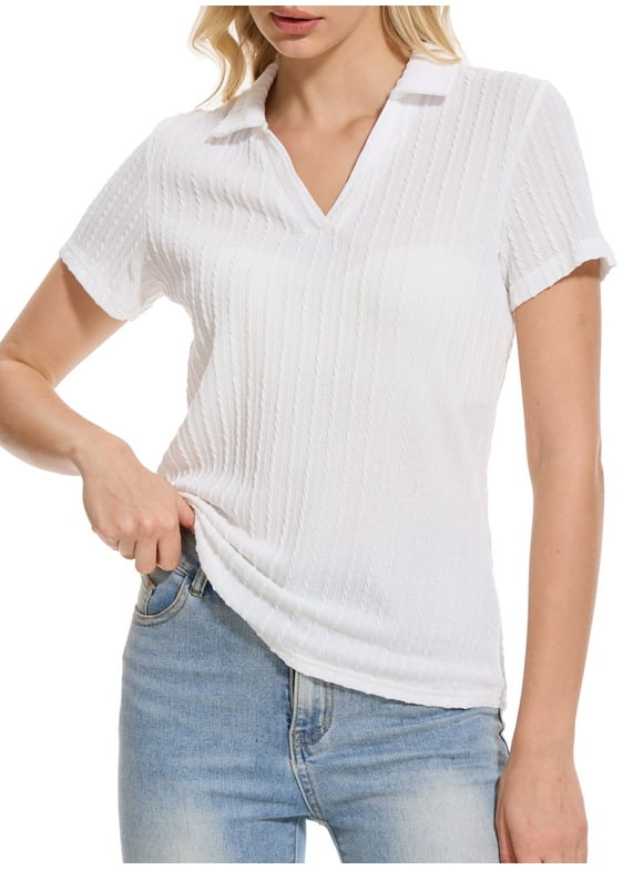 Women's Short Sleeve Solid Lapel V Neck Soft Pullover Tops Lightweight Knit Polo Shirt White M