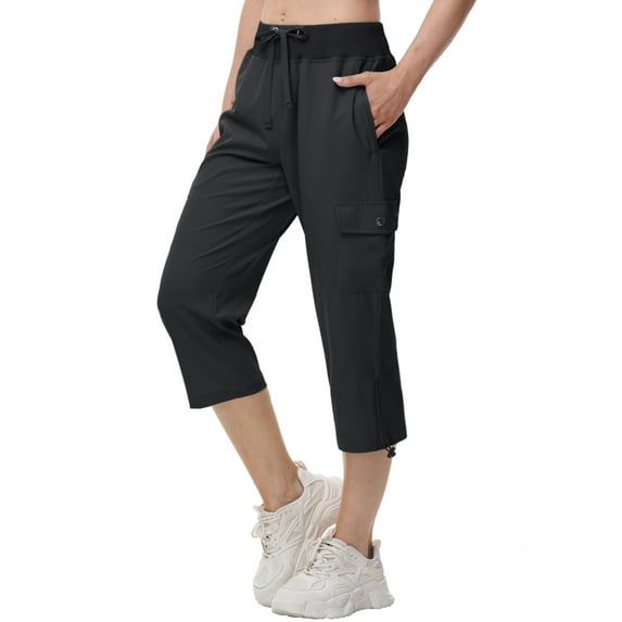 Xidunhg Womens Capris with Pockets Loose Fit Casual Outdoor Pants Lightweight Ladies Baggy Cargo Pants for Hiking Black L