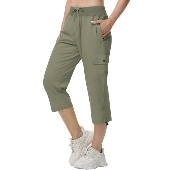 Xidunhg Womens Capris with Pockets Loose Fit Casual Outdoor Pants Lightweight Ladies Baggy Cargo Pants for Hiking Grey Green 2XL