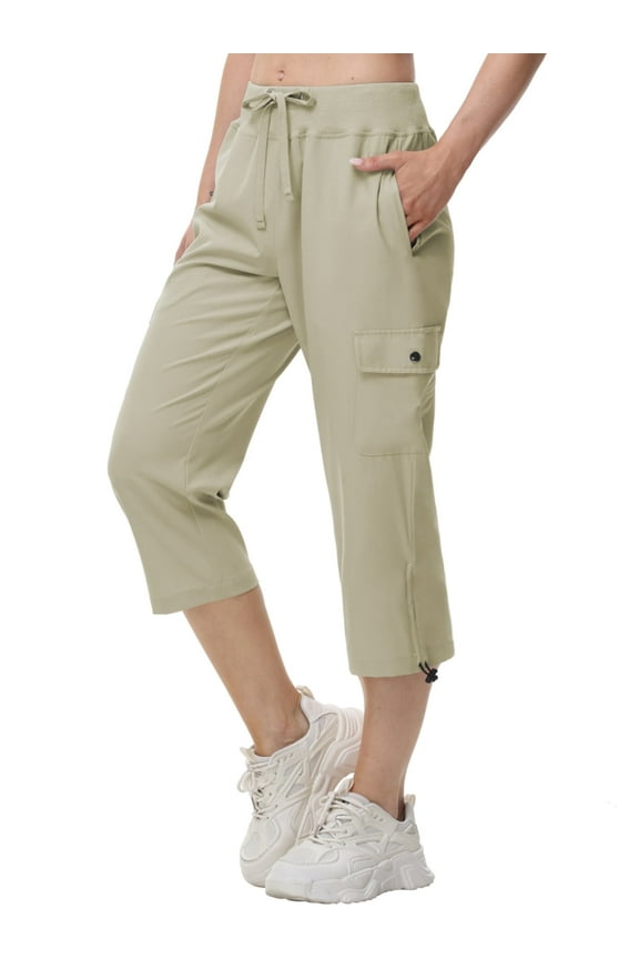 Womens Capris with Pockets Loose Fit Casual Outdoor Pants Lightweight Ladies Baggy Cargo Pants for Hiking Light Khaki M