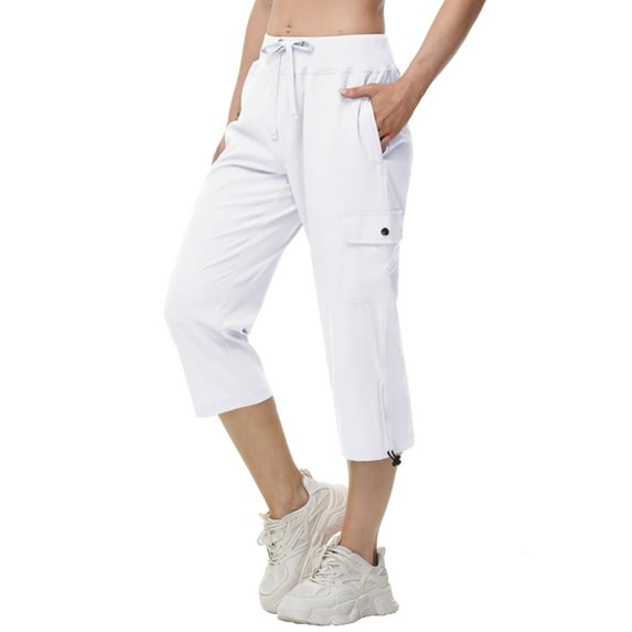 Xidunhg Womens Capris with Pockets Loose Fit Casual Outdoor Pants Lightweight Ladies Baggy Cargo Pants for Hiking White M