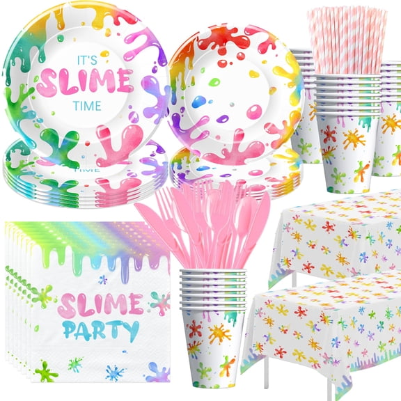 Xigejob Slime Birthday Party Decorations Tableware - Splatter Splash Colorful Theme Pink Slime Party Supplies Dinnerware, Paper Plate, Cup, Napkin, Tablecloth, Cutlery | Serves 24 Y101