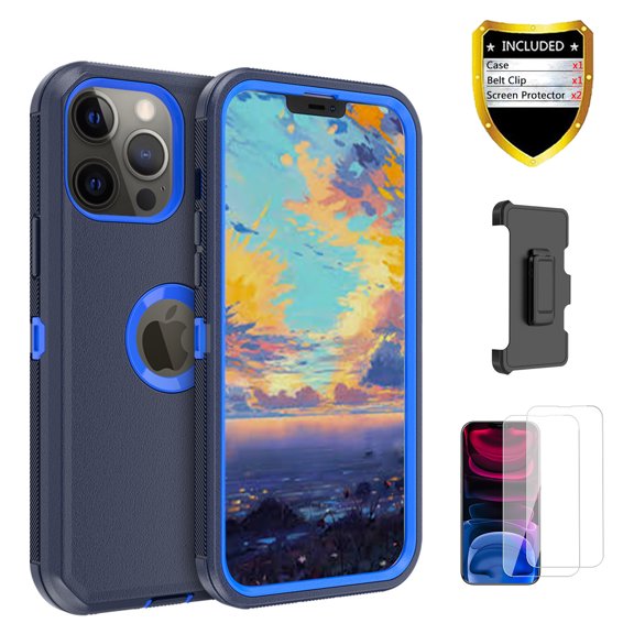 Xihaiying iPhone 12, 12 Pro Case + Screen Protectors + Belt Clip Holster, Heavy Duty Hard Shockproof Armor Protector Case (Dark Blue+Blue)