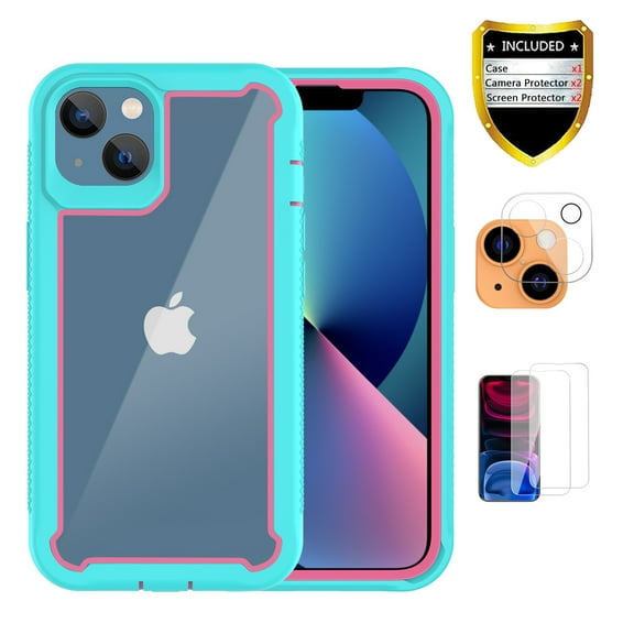 Xihaiying iPhone 13 Mini case + Screen Protectors + Camera Lens Protector, Non-Yellowing, Anti-Scratch, Slim pc clear back cover, 2 in 1 Case for iPhone,(Blue+Pink)