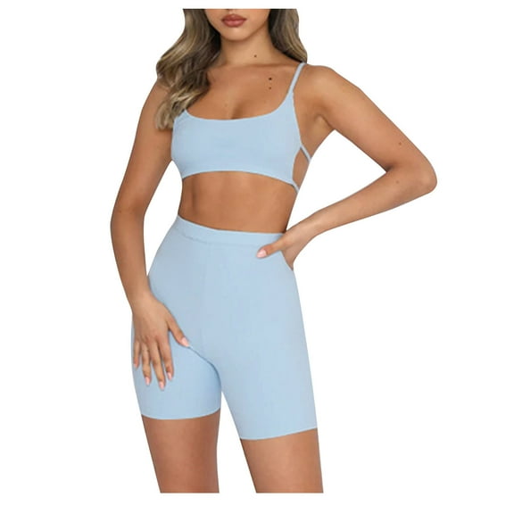 Xihbxyly 2 Piece Outfits for Women, Workout Outfits for Women 2 Piece Seamless Ribbed High Waist Leggings with Sports Bra Exercise Set # Light Blue L