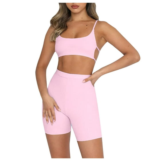 Xihbxyly 2 Piece Outfits for Women, Workout Outfits for Women 2 Piece Seamless Ribbed High Waist Leggings with Sports Bra Exercise Set Pink M