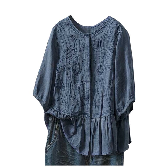 Xihbxyly 3/4 Sleeve Blouses for Women Women's Cotton Linen Button Short Sleeve Shirts Summer Loose Crew Neck Casual Boho Top Vintage Embroidered Blouse Tops Fashion Loose Fit Plus Size Tops