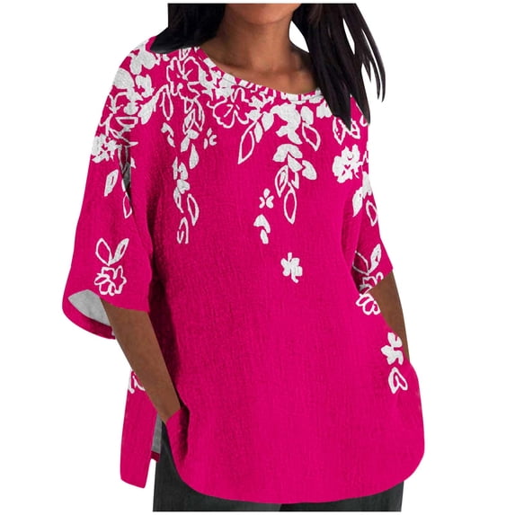Xihbxyly 3/4 Sleeve Summer Tops for Women Women's 3/4 Cropped Sleeve Cotton Linen Top Summer Solid Color Crew Neck T-Shirt Plus Size Vintage Shirt Casual Loose Blouse Fashion Loose Fit Plus Size Tops