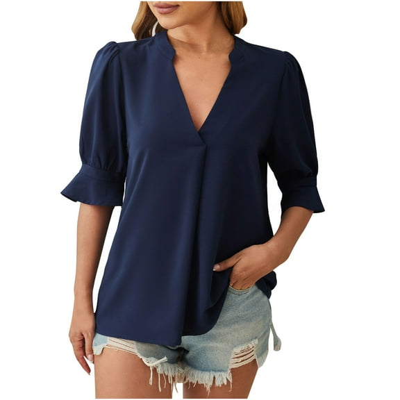 Xihbxyly Blouses for Women Business Casual, Womens Tops V Neck Short Sleeve T-Shirts Summer Print Blouses Casual Loose Tops Blouses Fashion Tunic Shirt