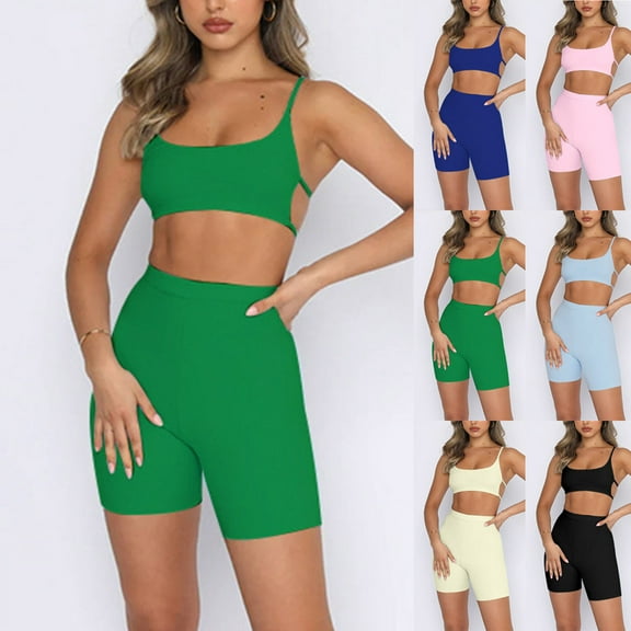 Xihbxyly 2 Piece Outfits for Women, Workout Outfits for Women 2 Piece Seamless Ribbed High Waist Leggings with Sports Bra Exercise Set Green L