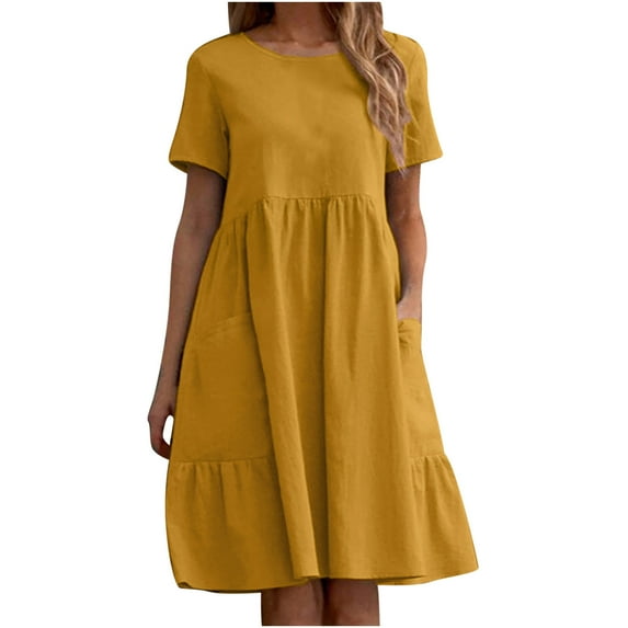 Xihbxyly Clearance Dress Linen Midi Dresses for Womens Solid Color Loose Midi Linen Dress Round Neck Short Sleeve Casual Cotton Linen Dresses with Pockets # Clearance Items Yellow XL