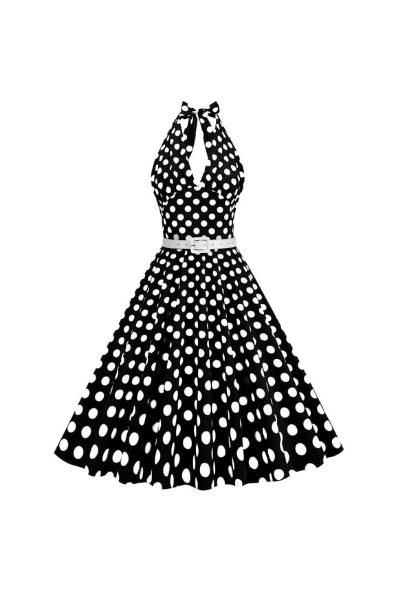Retro Dresses for Women Women 50s Vintage Polka Halter Cocktail Dress Buttons Floral 1950s Prom Tea Dress # Black M