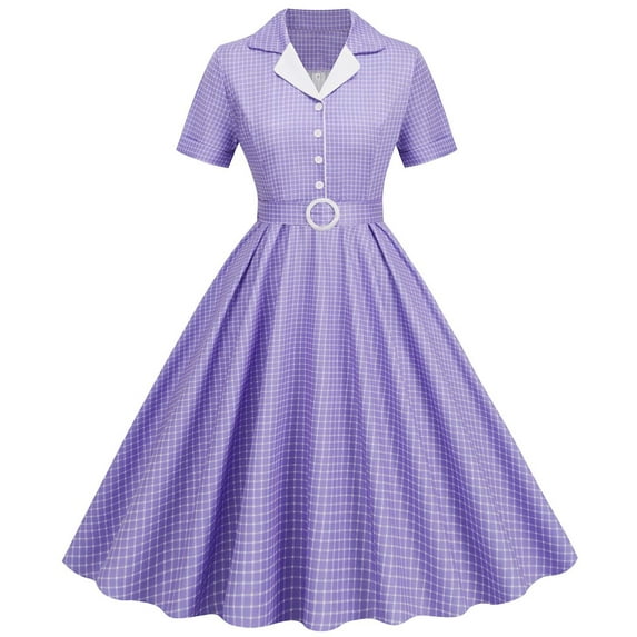 Xihbxyly Clearance Dress Retro Dresses for Women Women Short Sleeve V-Neck 1950s Retro Vintage Cocktail Party Midi Dress Polka Dress Casual A-Line Work Dress # On Sale Purple S