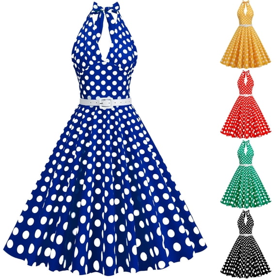 Xihbxyly Retro Dresses for Women Women 50s Vintage Polka Halter Cocktail Dress Buttons Floral 1950s Prom Tea Dress