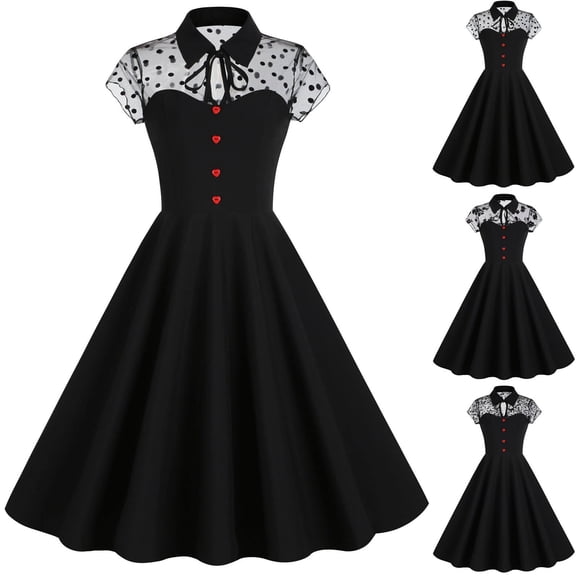 Xihbxyly Women Mesh Floral Embroidery Vintage Cocktail Dress 50s Goth Flared a Line Casual Wedding Prom Evening Dress