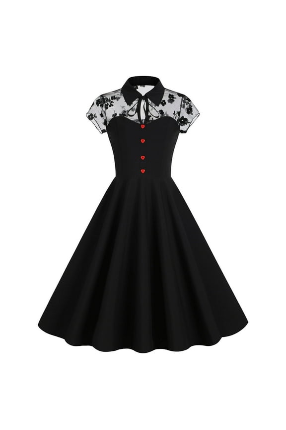 Women Mesh Floral Embroidery Vintage Cocktail Dress 50s Goth Flared a Line Casual Wedding Prom Evening Dress