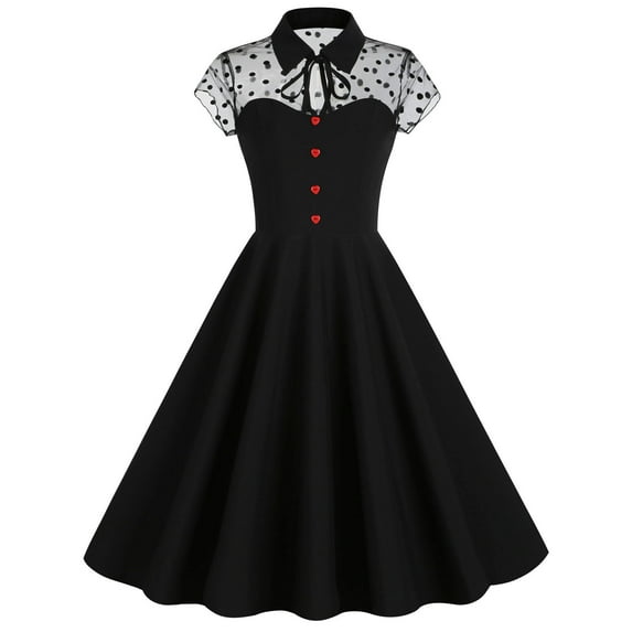 Xihbxyly Women Mesh Floral Embroidery Vintage Cocktail Dress 50s Goth Flared a Line Casual Wedding Prom Evening Dress